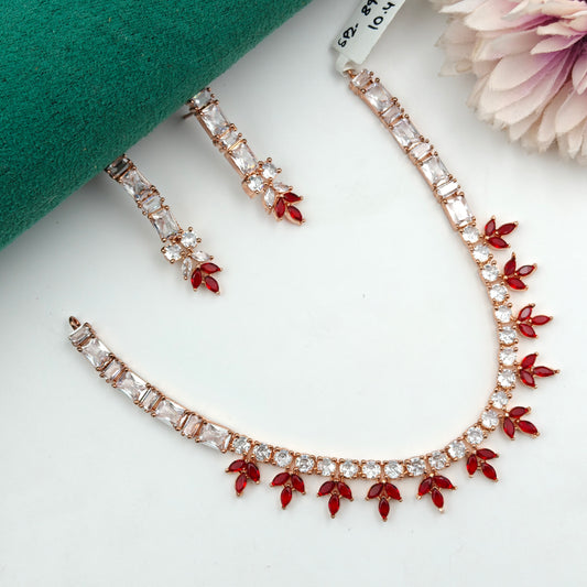 8967  Rose Gold AD Colour Stone Red Set