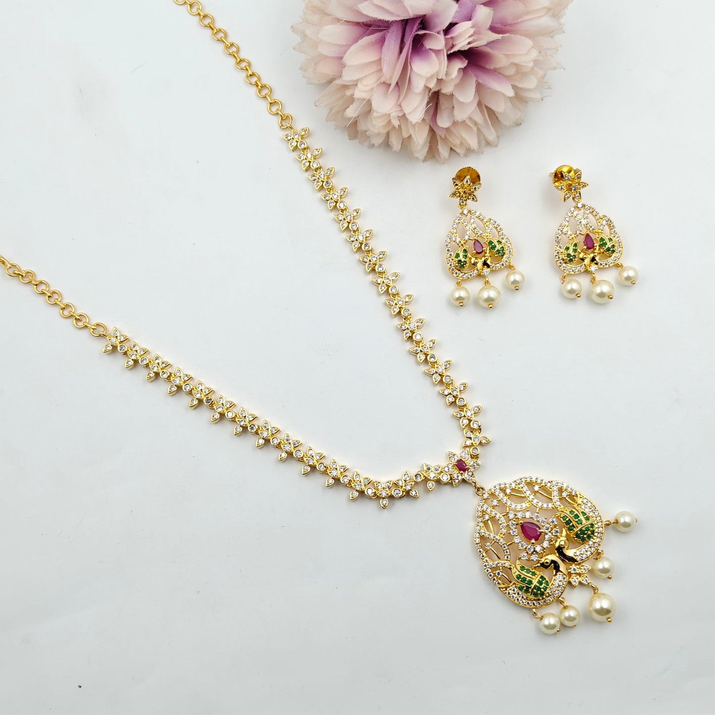 14506 CZ Peacock Short Multi Necklace Set