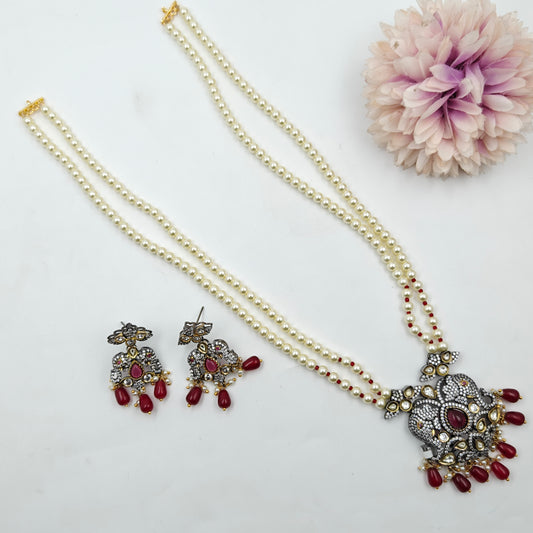 21306 2 Lines Pearls Mala With Victorian Pendent Set Red