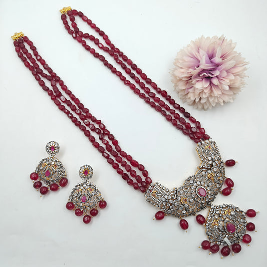 17692 Red Beads Mala With Victorian Pendent Red