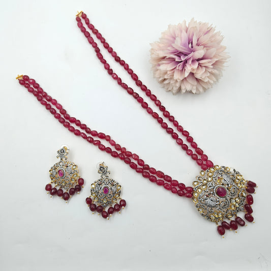 18624 3 Lines Red Beads Ranihaar With Victorian Pendent Set