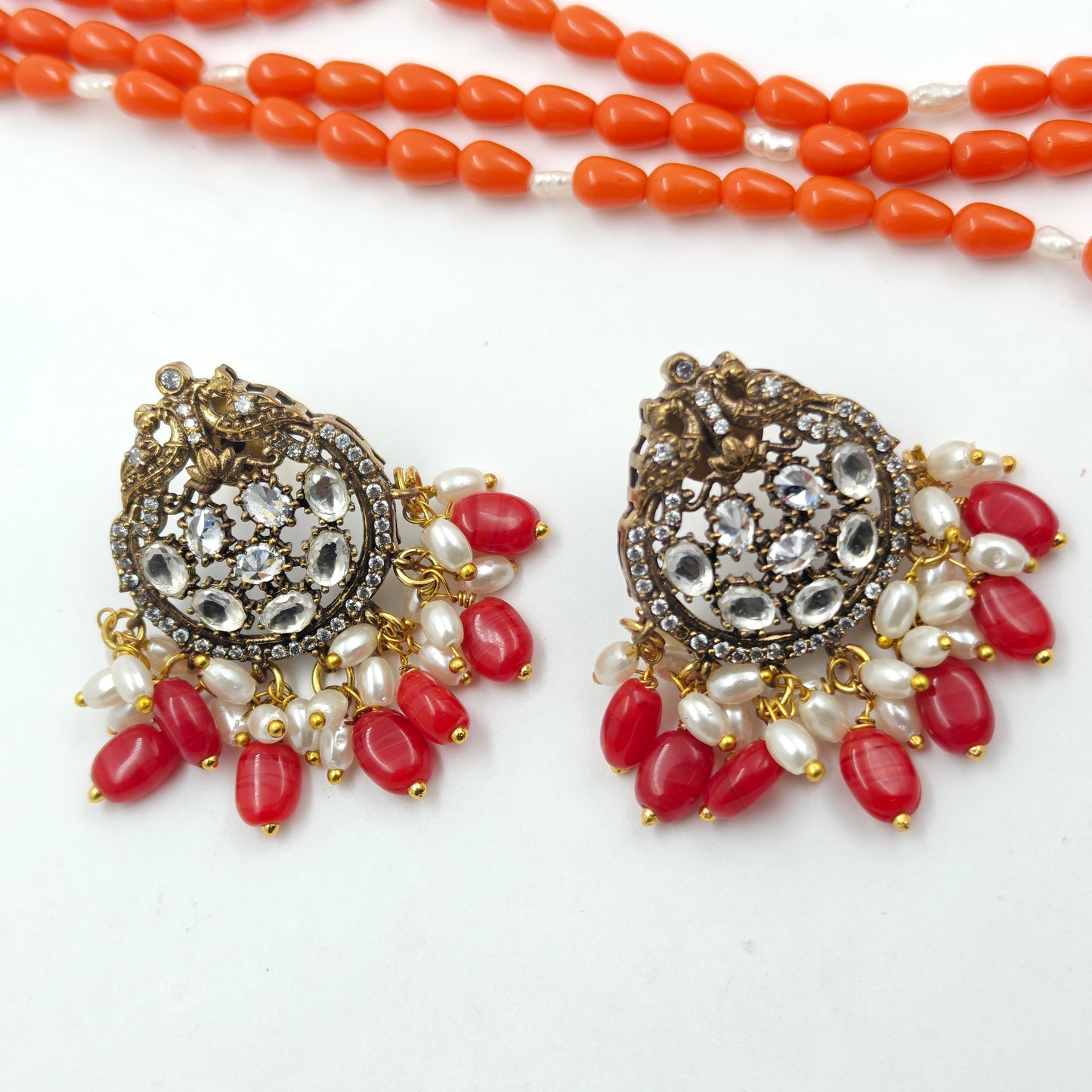 32661 3 Lines Koral Mala With Laxmi Mozanite Pendant Set