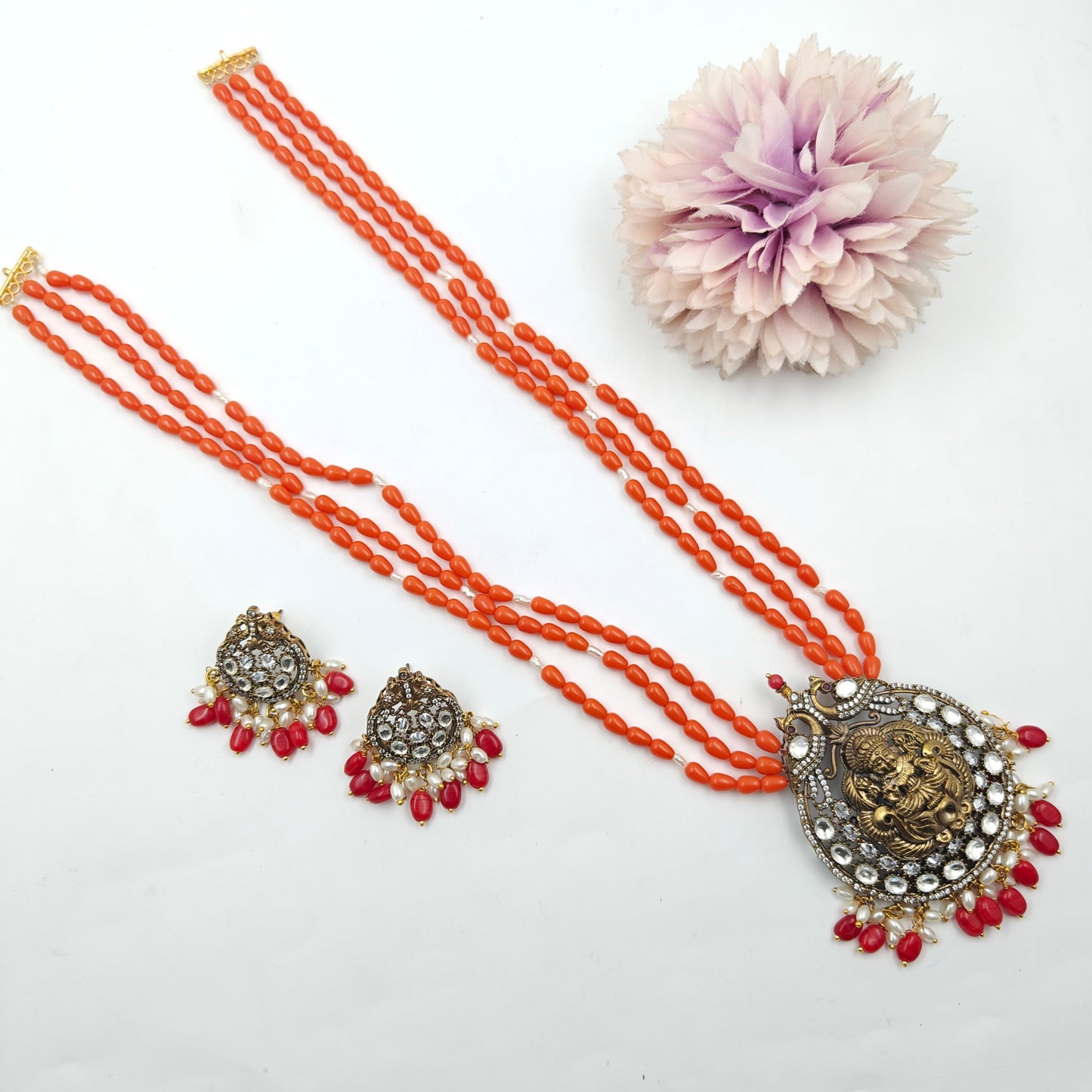 32661 3 Lines Koral Mala With Laxmi Mozanite Pendant Set