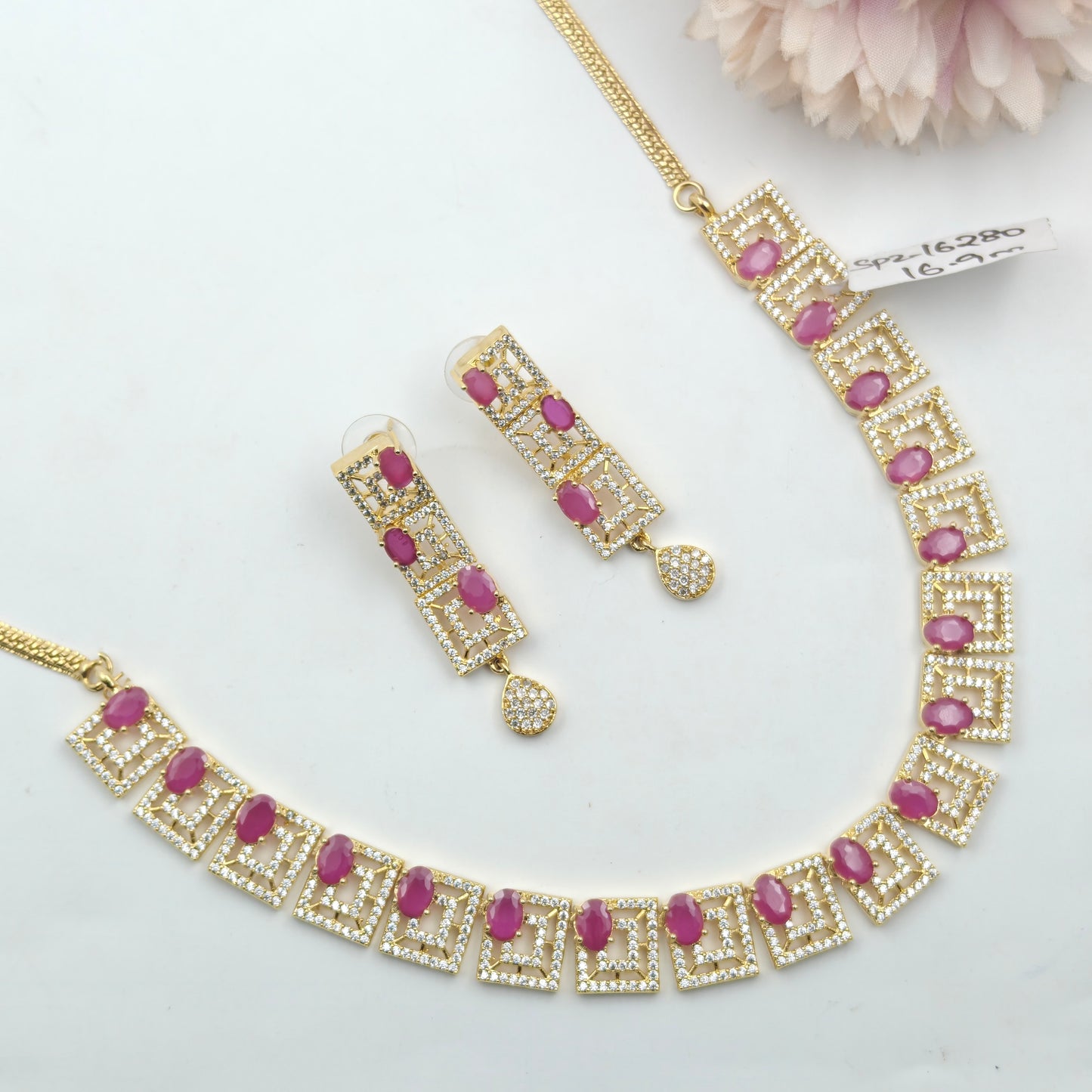 16280 GP Gold Stone Square Necklace Set Pink