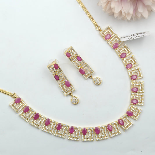16280 GP Gold Stone Square Necklace Set Pink