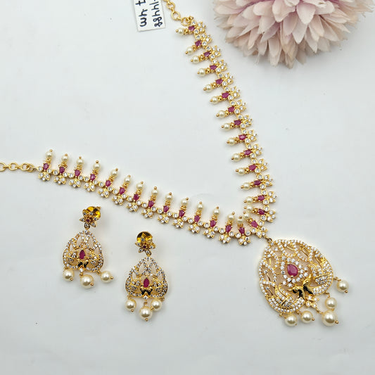 14488 CZ Short Peacock Necklace Set Red