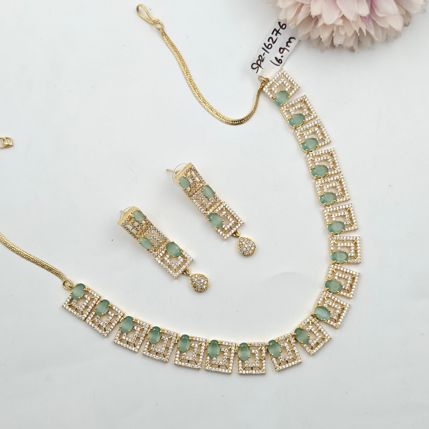 16276 GP Gold Stone Square Necklace Set Light Green
