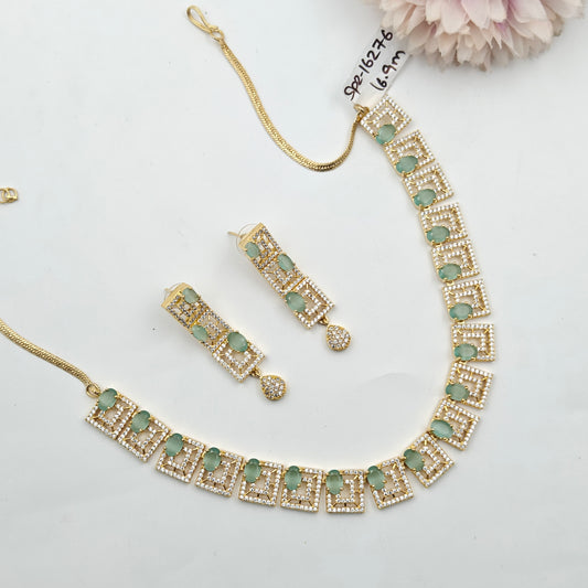 16276 GP Gold Stone Square Necklace Set Light Green