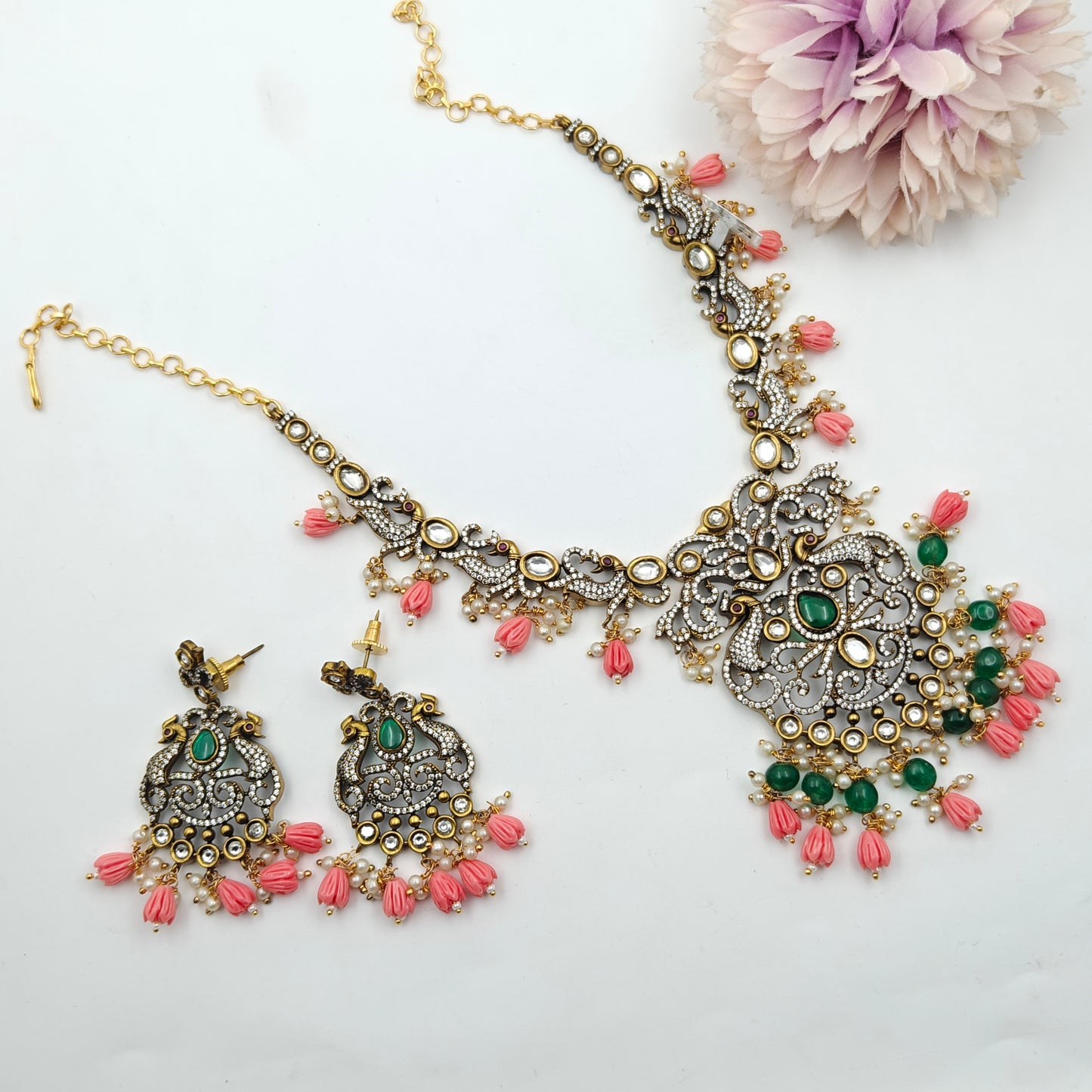 Victorian Peacock Short Necklace and With Tulip Beads