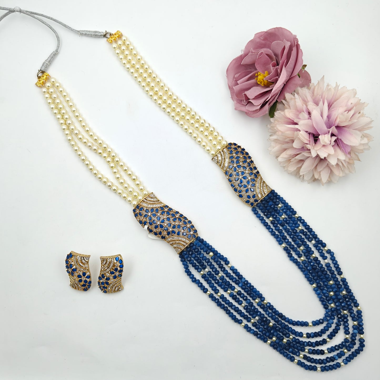 19362 GP Flower Side Blue Beads 6 Lines Mala