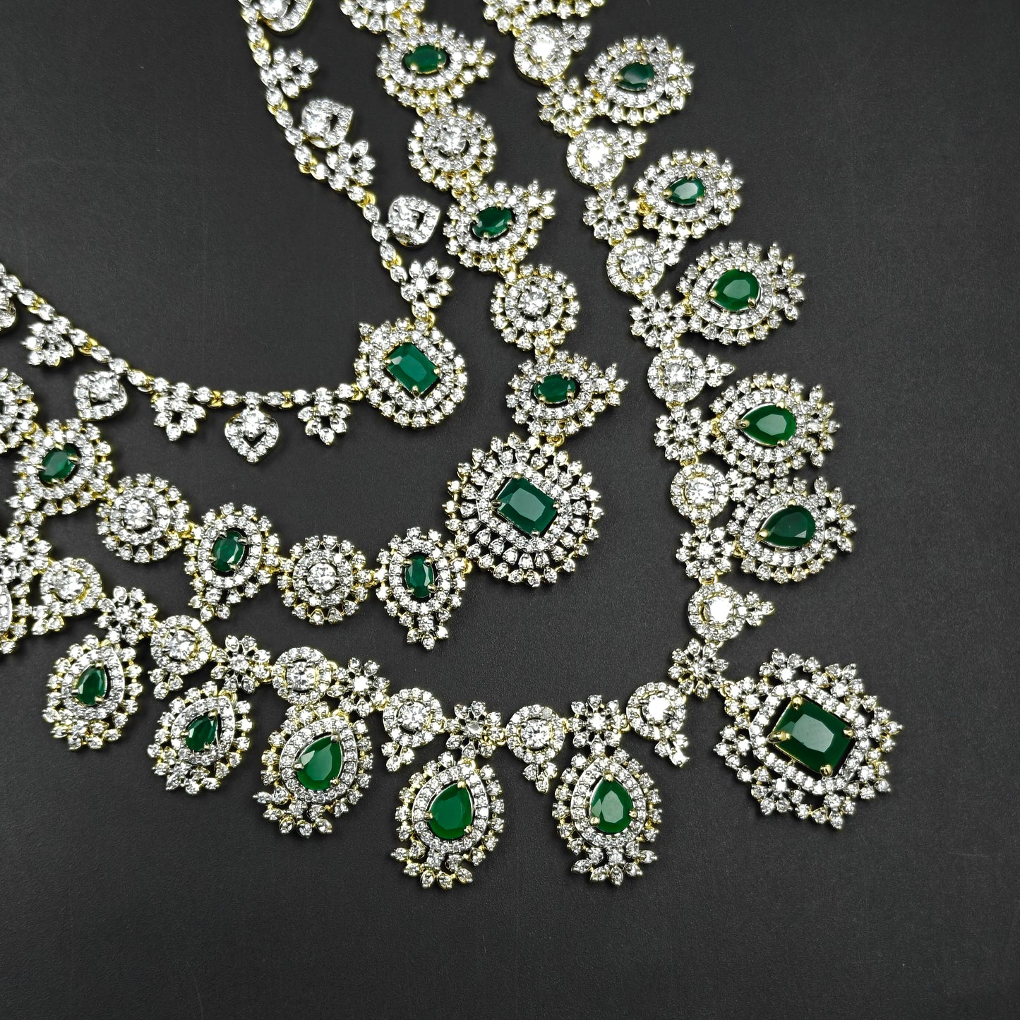 40746  GJ Diamond Look 3 Layers Necklace In Green Stones With Screw Back Earrings