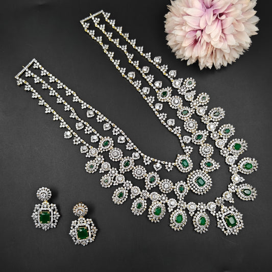 40746  GJ Diamond Look 3 Layers Necklace In Green Stones With Screw Back Earrings