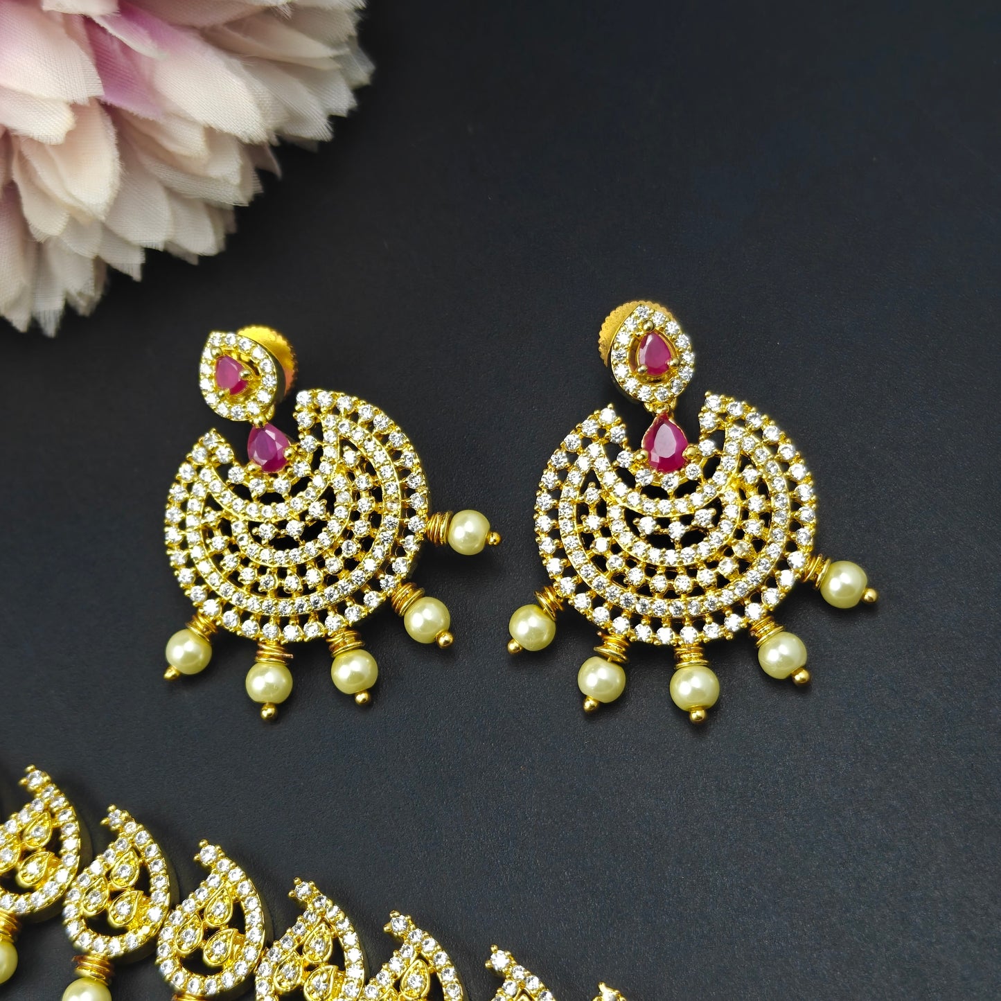 14501 CZ Long Chandbali Necklace Red