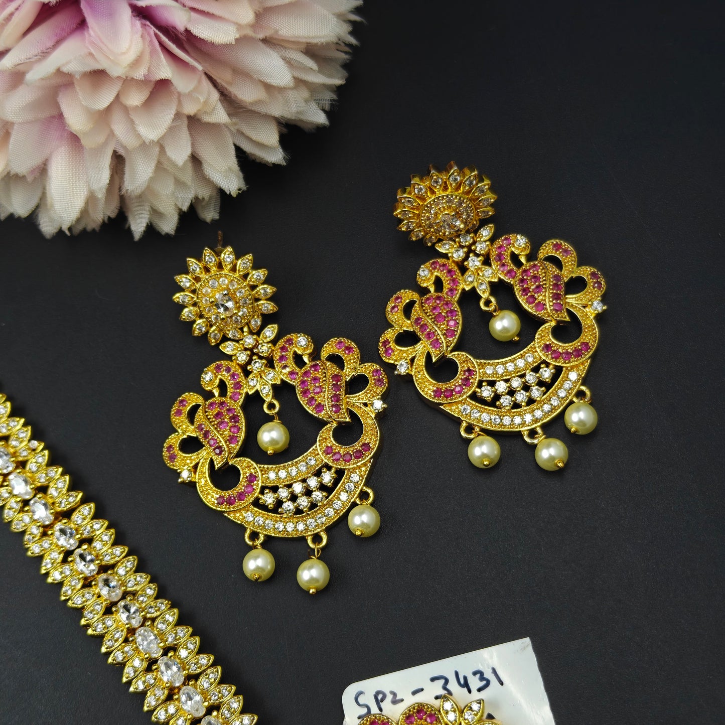 3431 Ruby CZ Long Necklace Set With MaangTika