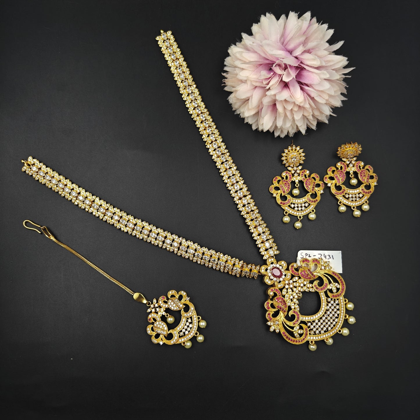 3431 Ruby CZ Long Necklace Set With MaangTika