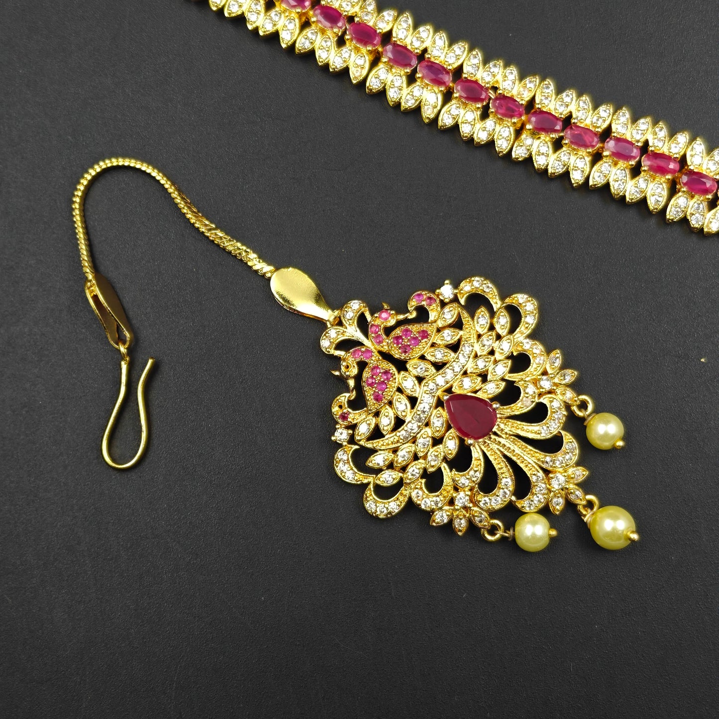 3430 Ruby CZ Long Necklace Set With MaangTika