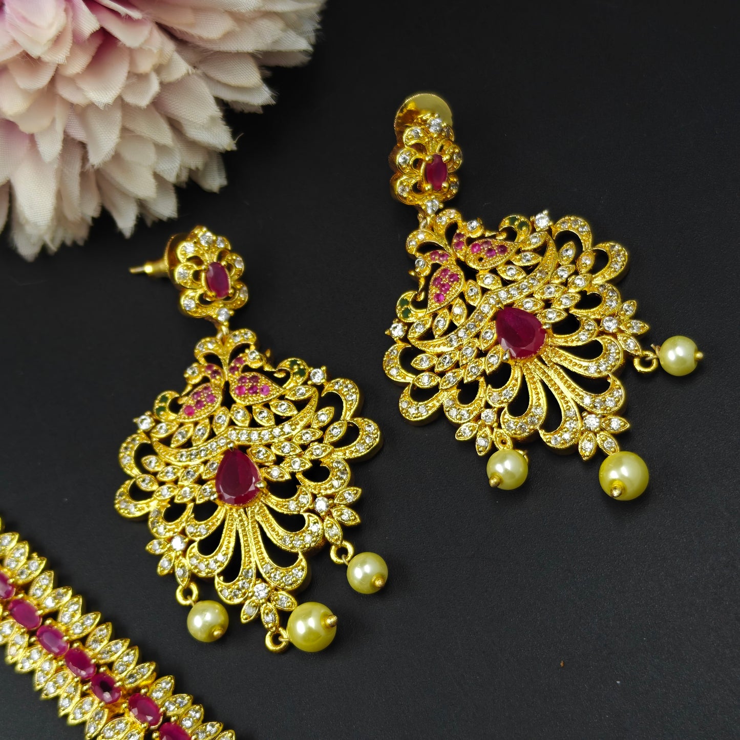 3430 Ruby CZ Long Necklace Set With MaangTika