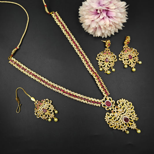 3430 Ruby CZ Long Necklace Set With MaangTika