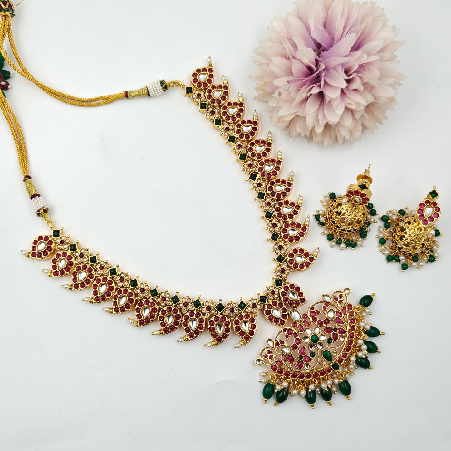 40411 / 40750  Pota stone multi color mango necklace with Jhumkas
