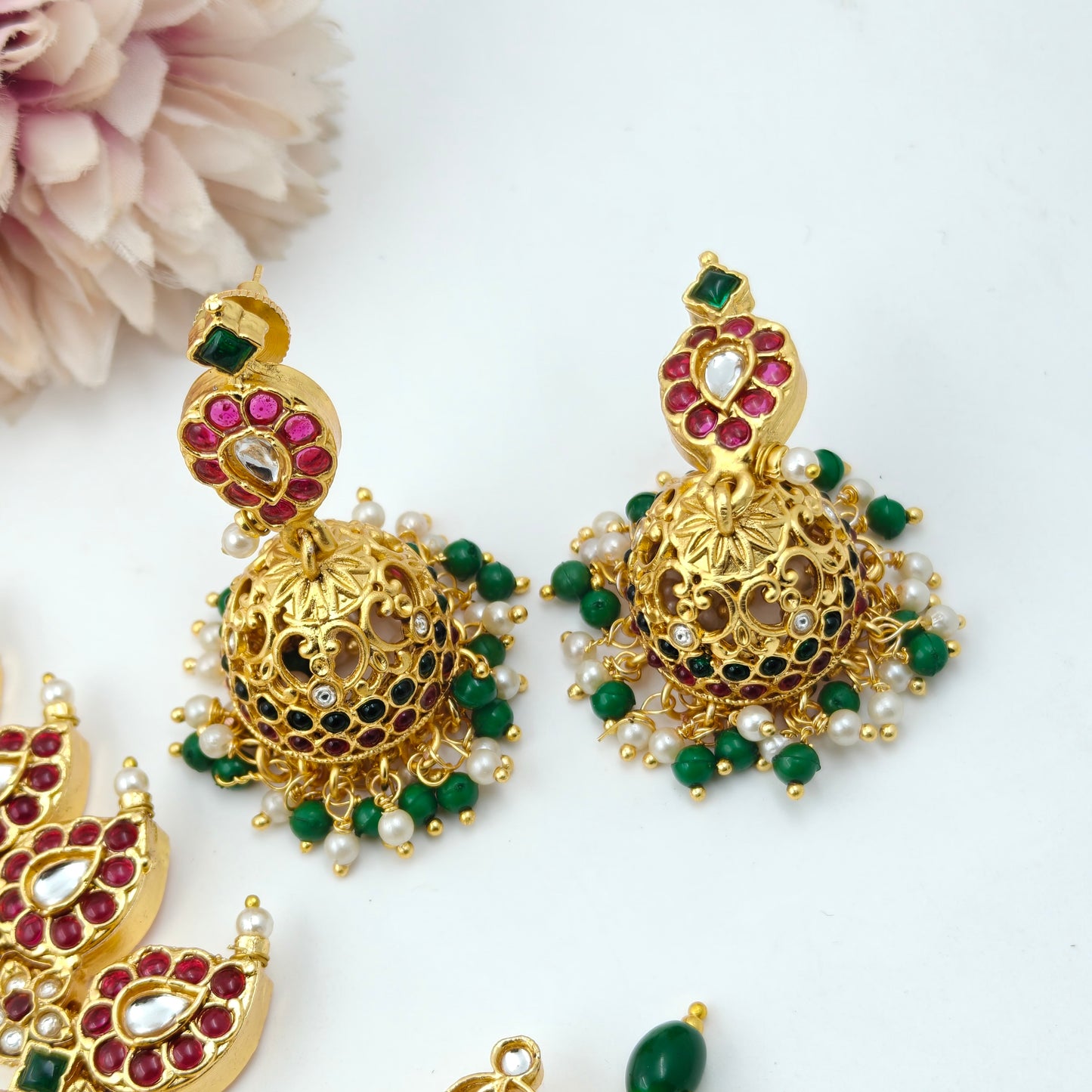 40411 / 40750  Pota stone multi color mango necklace with Jhumkas