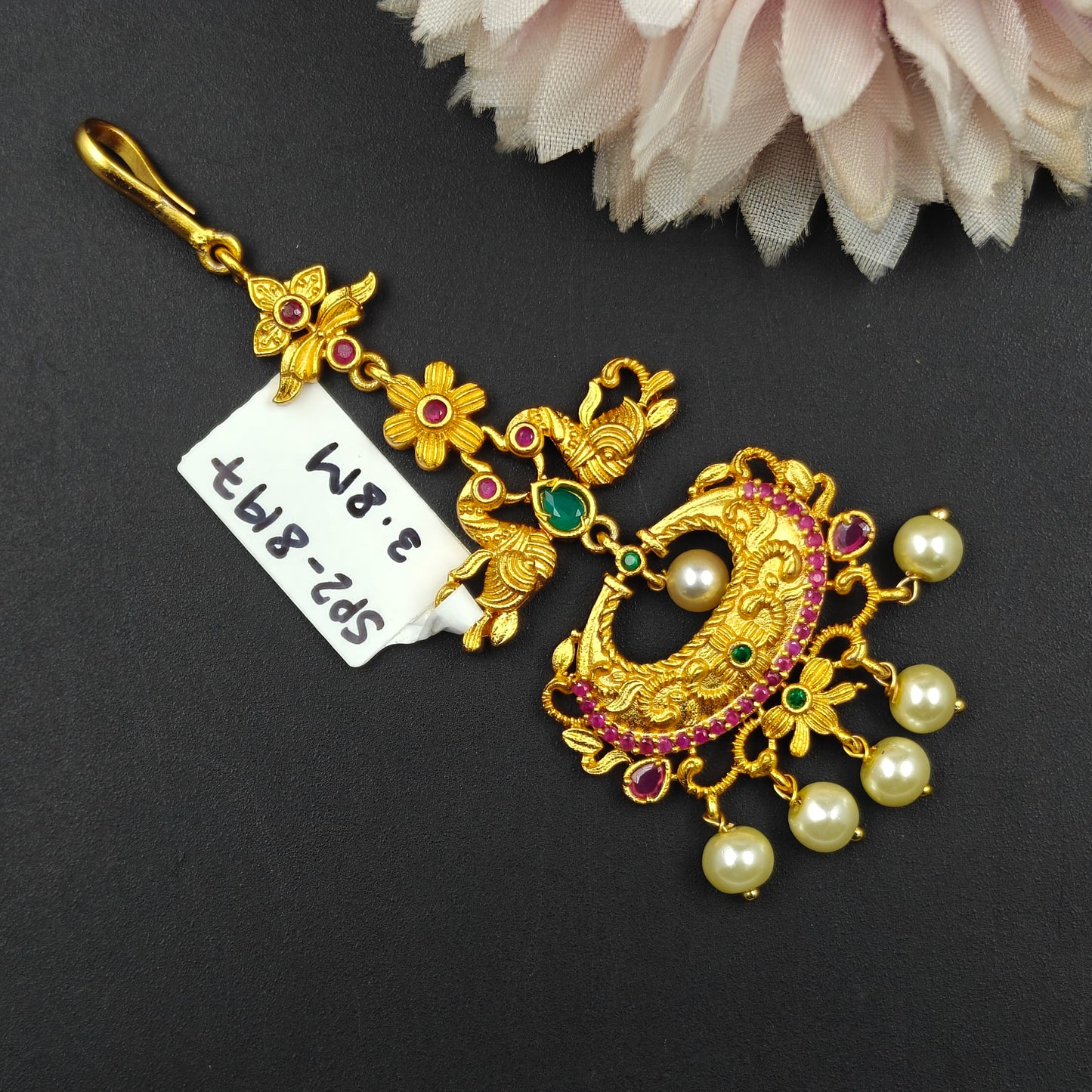 8197 Matte MaangTika Peacock Design With Pearls