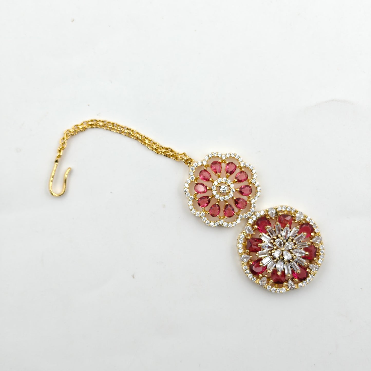 16170 Gold Polish CZ/ AD stone 2 layered necklace with red stones, earrings and Mangtikka