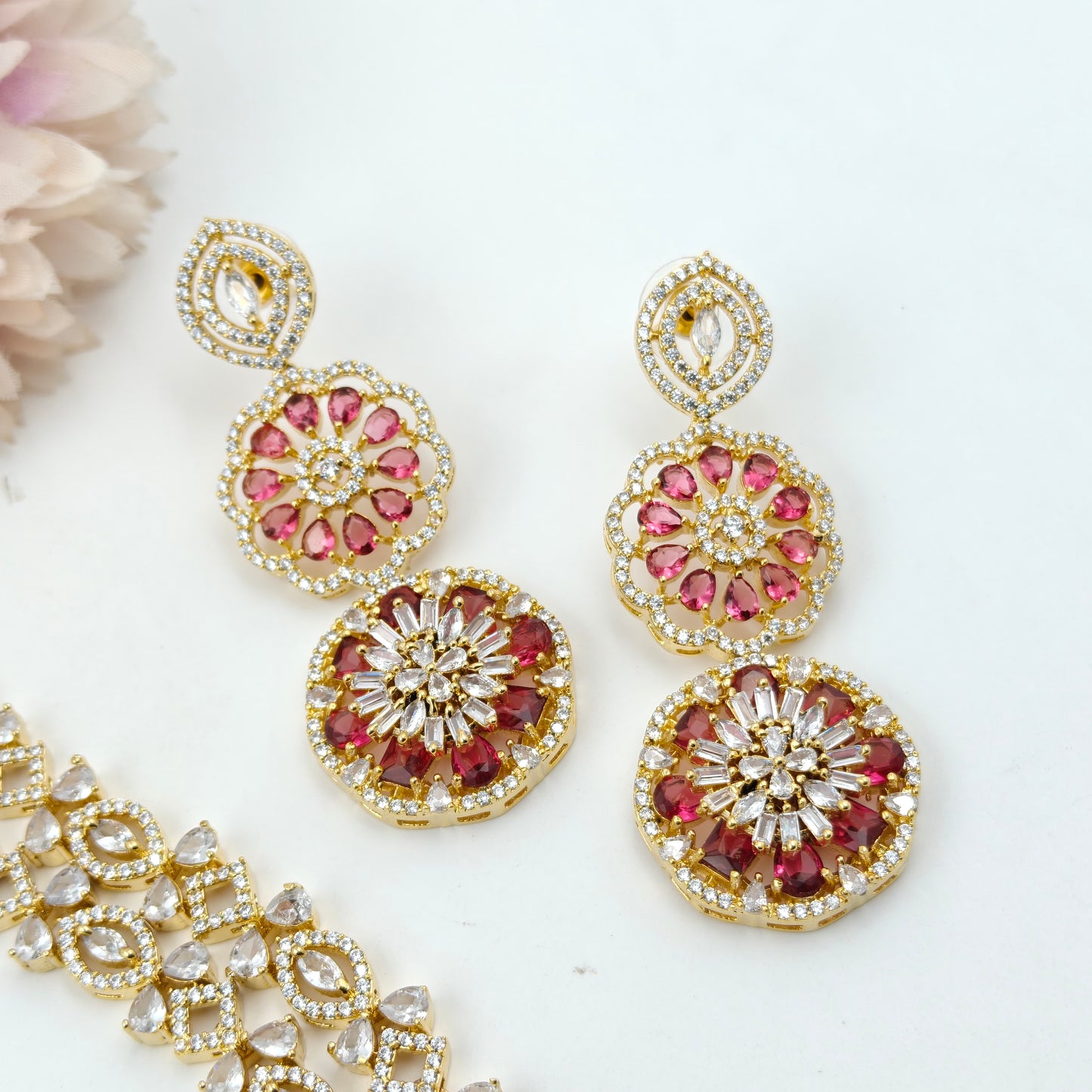 16170 Gold Polish CZ/ AD stone 2 layered necklace with red stones, earrings and Mangtikka