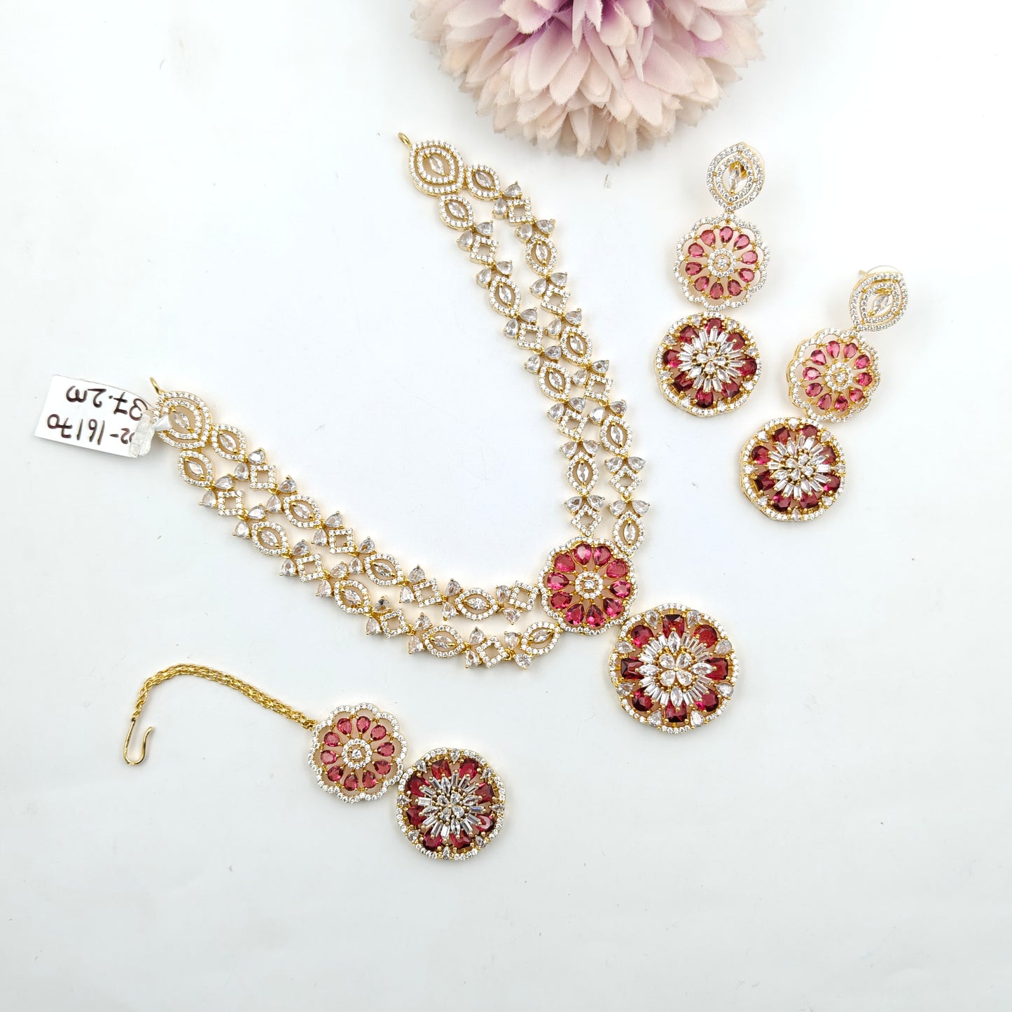16170 Gold Polish CZ/ AD stone 2 layered necklace with red stones, earrings and Mangtikka