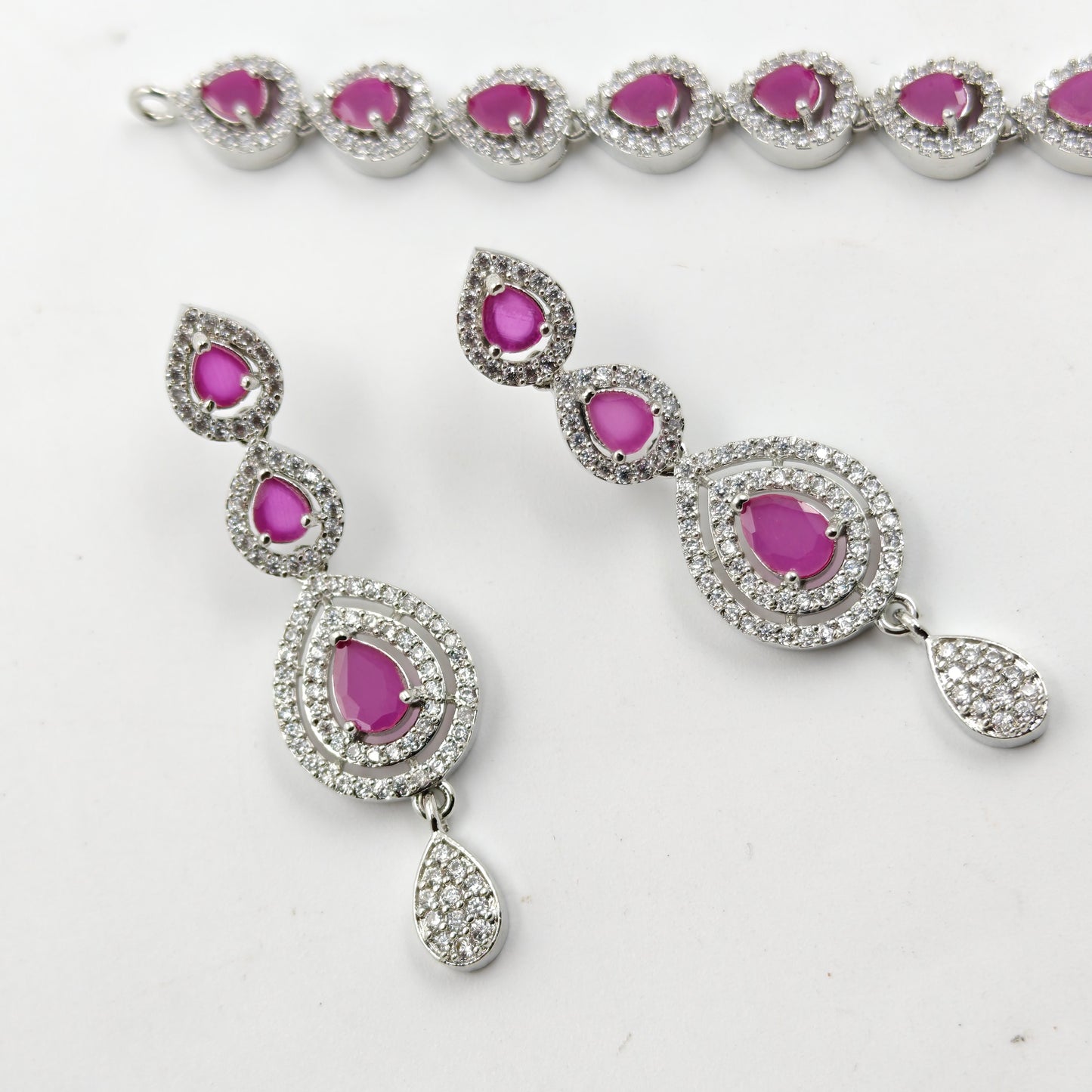 31061 Platinum Drop Necklace Set Dark Pink