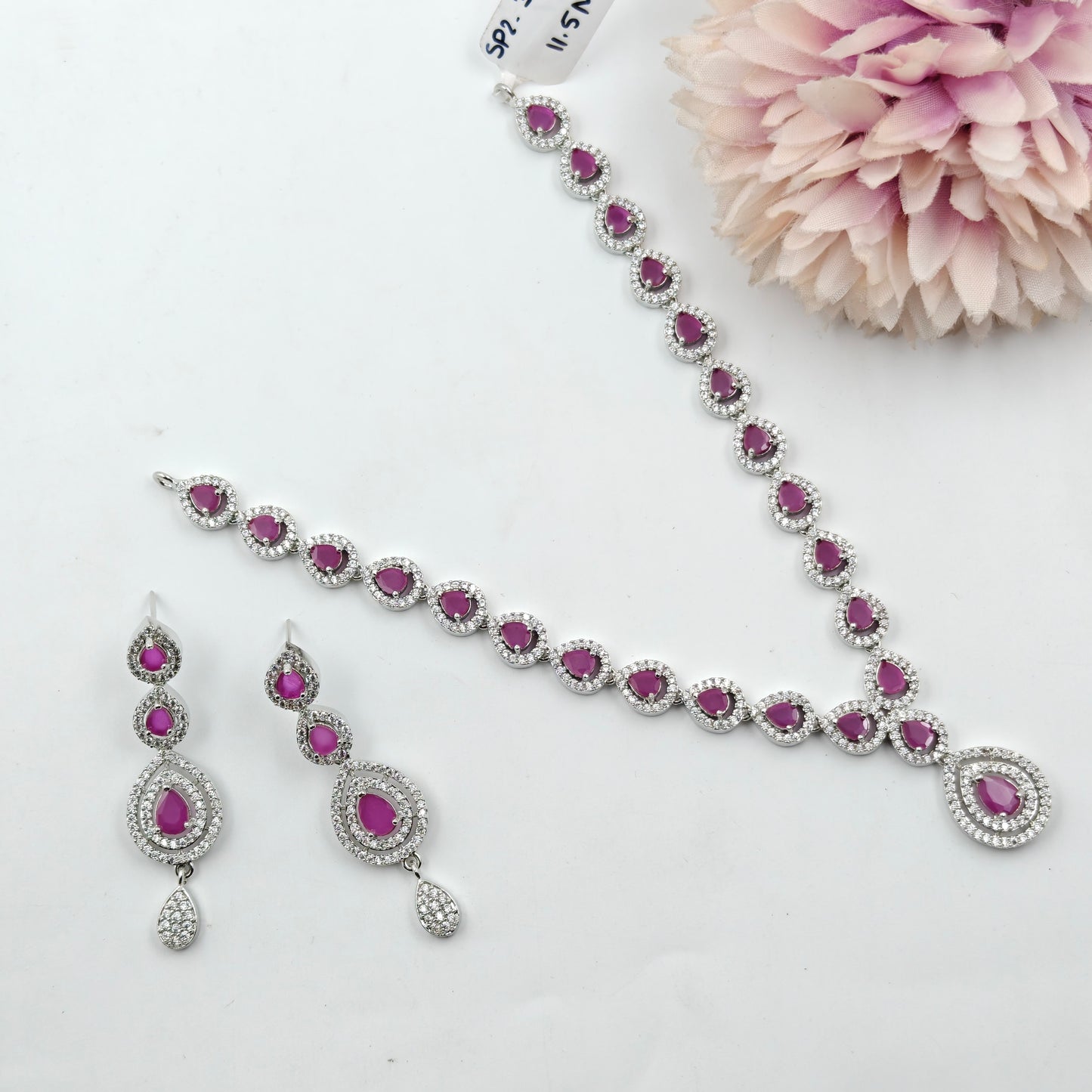 31061 Platinum Drop Necklace Set Dark Pink