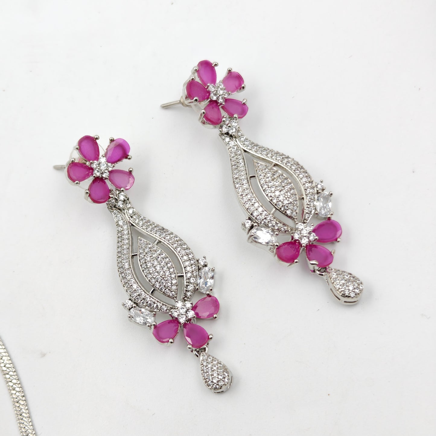 16266 Platinum Floral Stiff Long Pink Necklace Set