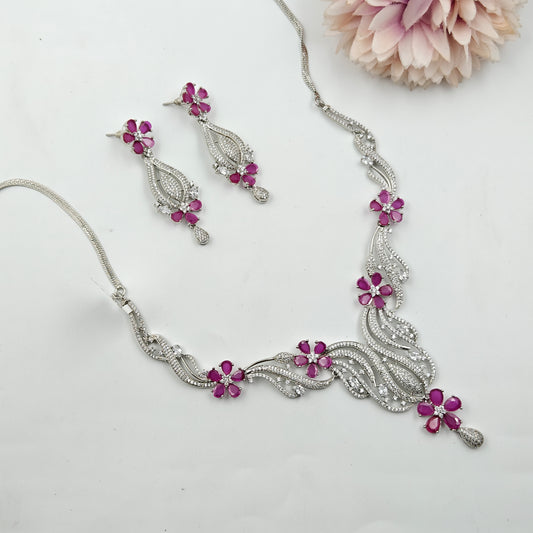 16266 Platinum Floral Stiff Long Pink Necklace Set