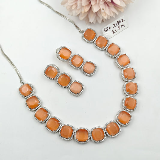 21802 Platinum Big stone Square Necklace Orange