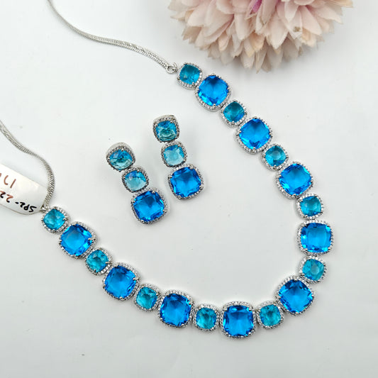 22024 Platinum Square Stone Necklace Blue