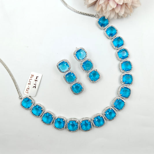 21797 / 21798 Platinum Big Stone Necklace Set Blue