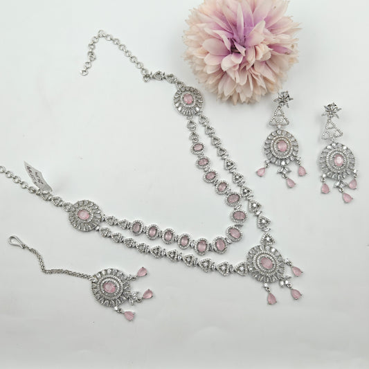 28769 Platinum Necklace Set Pink
