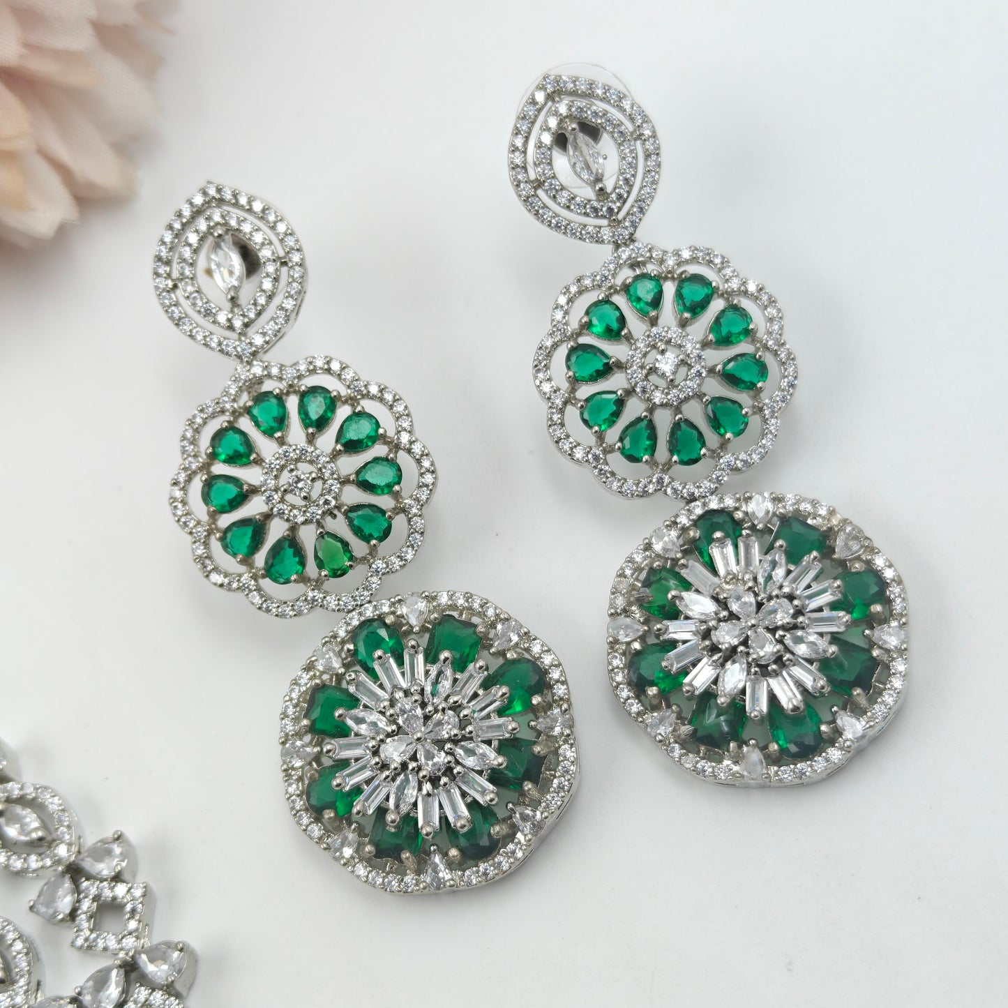 16177  Platinum 2 Lines Necklace Set Green