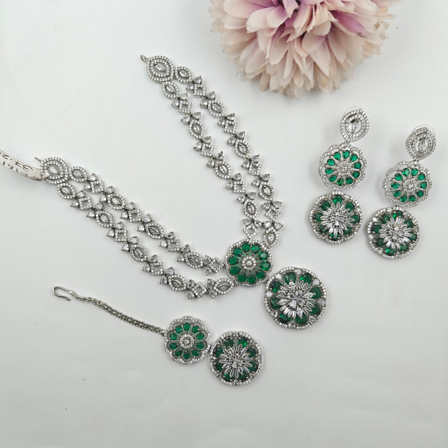 16177  Platinum 2 Lines Necklace Set Green