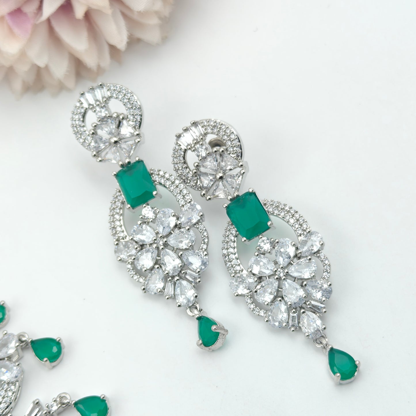 16520 Platinum Short Necklace Set Dark Green