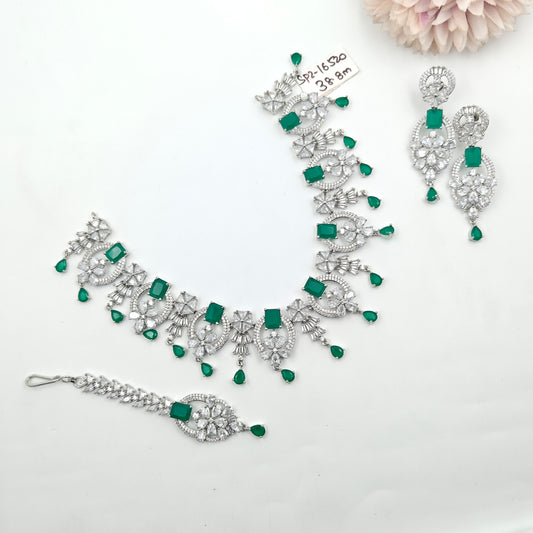 16520 Platinum Short Necklace Set Dark Green