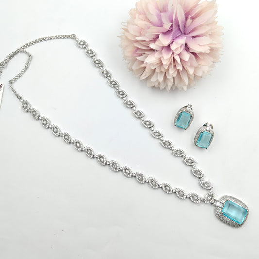 26860 Platinum Square Stone Necklace Sky Blue