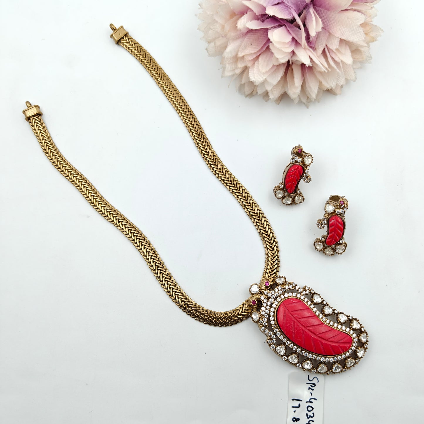 Victorian Peacock Necklace Set Mossianite Stone Red