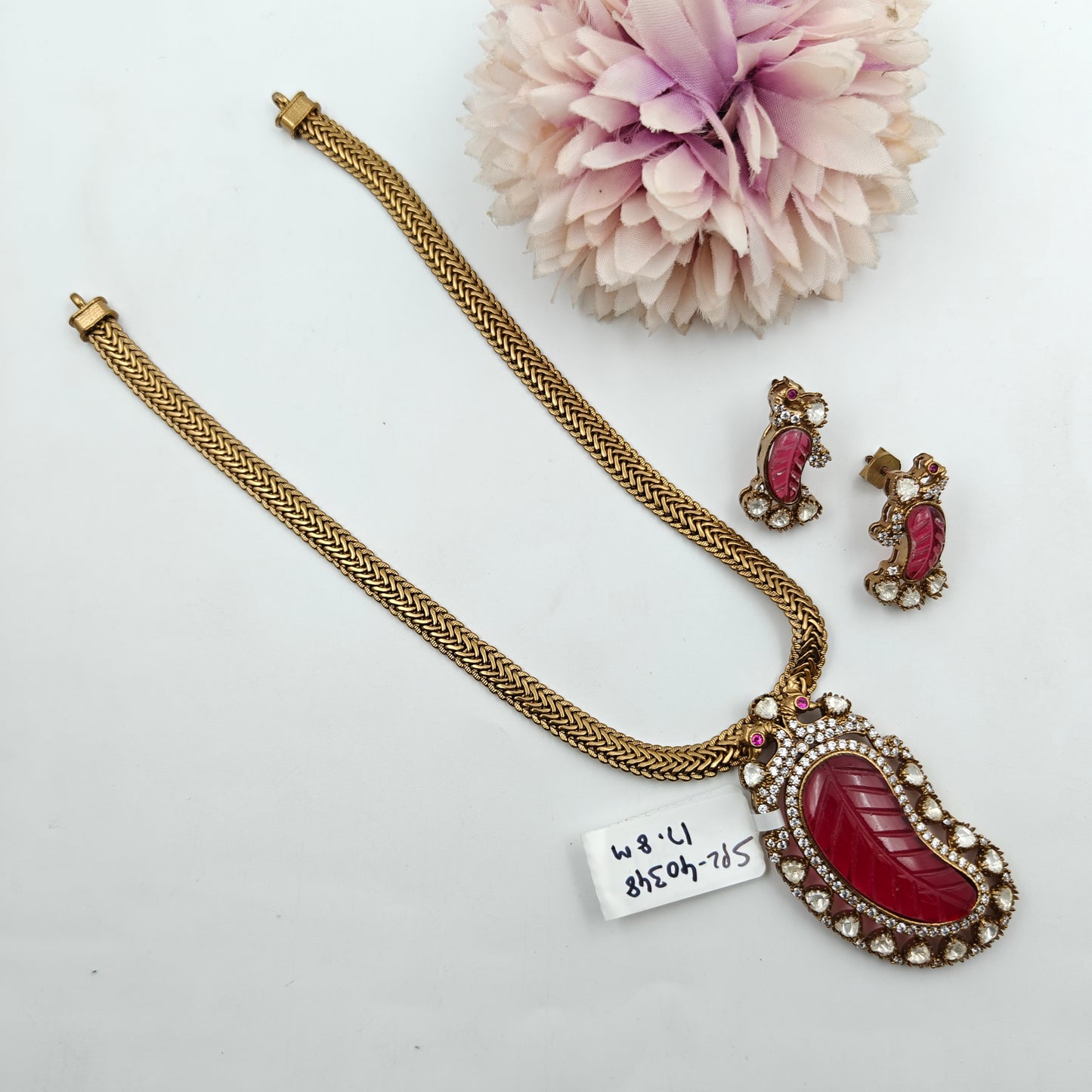 Victorian Peacock Necklace Set Mossianite Stone Maroon