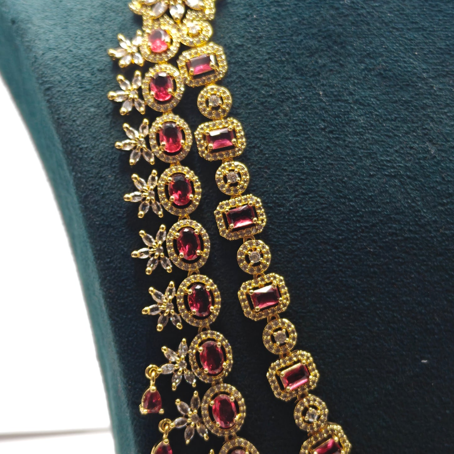 35971 2 Layers Ruby  CZ Long Necklace Set