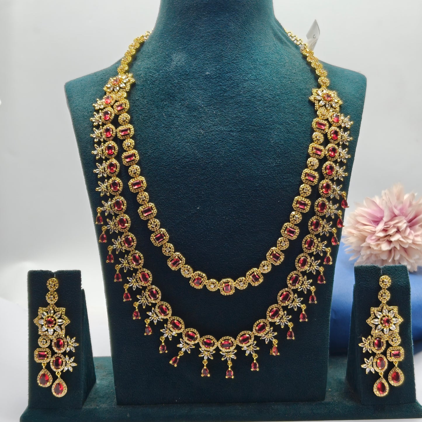 35971 2 Layers Ruby  CZ Long Necklace Set