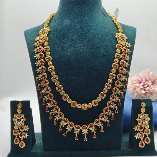 35971 2 Layers Ruby  CZ Long Necklace Set