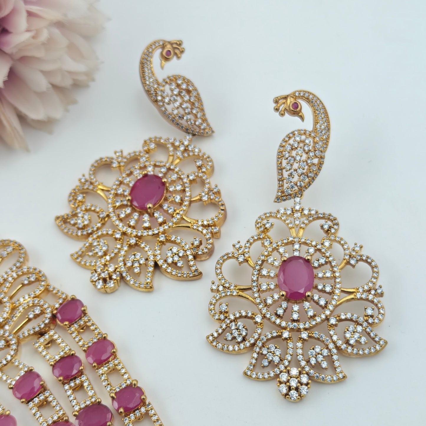 11648 Cz Peacock Pattern 4 layers ruby stone long necklace