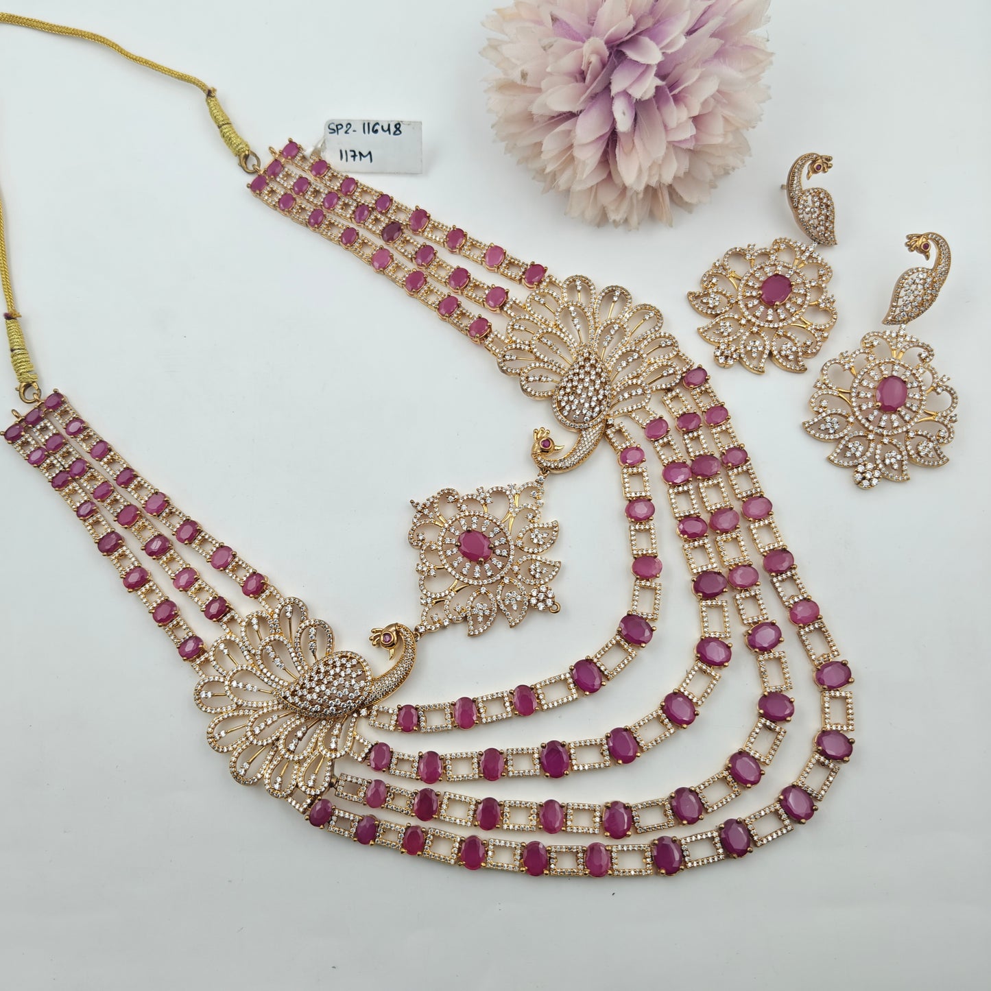11648 Cz Peacock Pattern 4 layers ruby stone long necklace