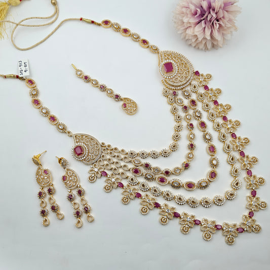 9113 5 Lines CZ Full White Long Necklace Set