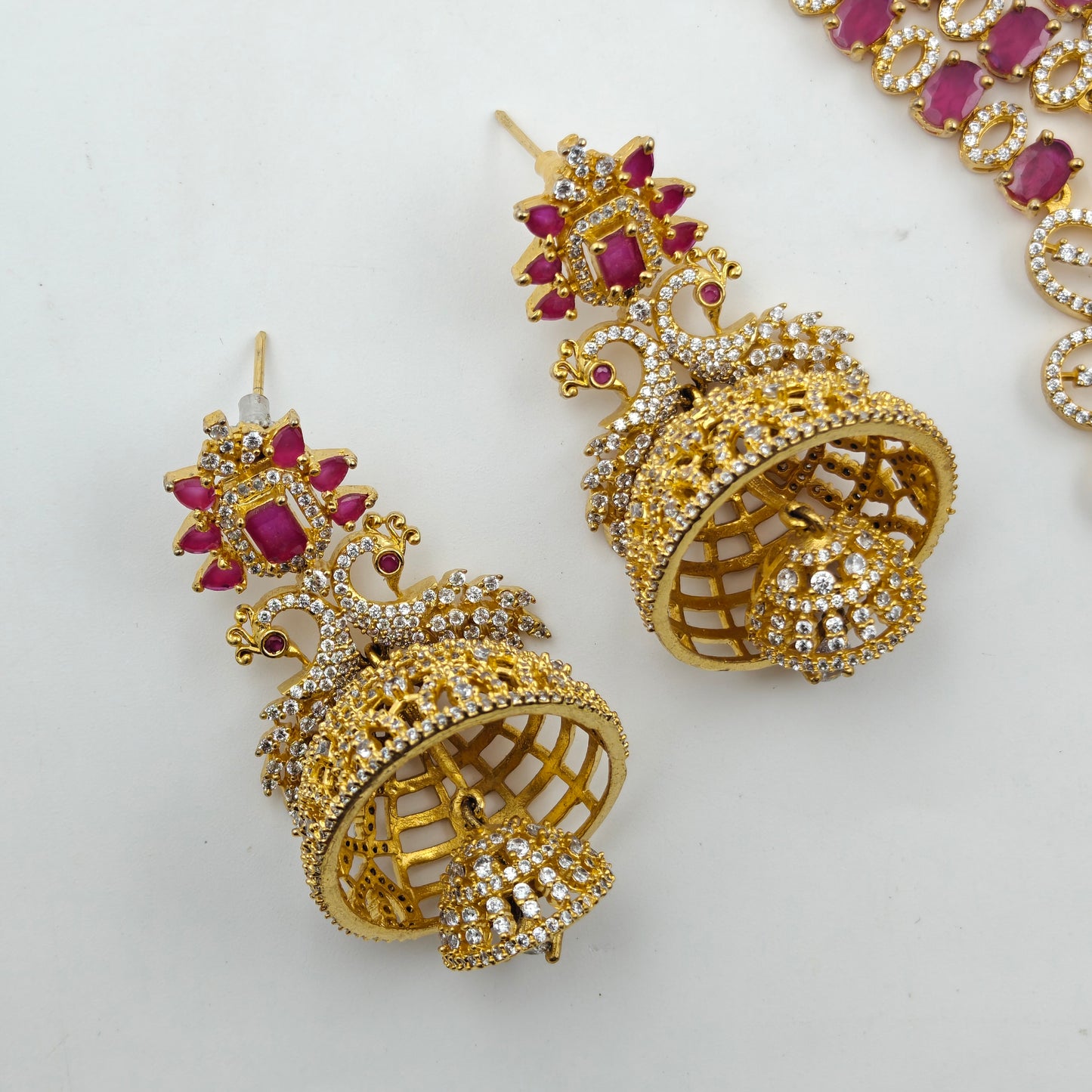 9136 3 Lines GP Double Peacock Ruby Necklace Set